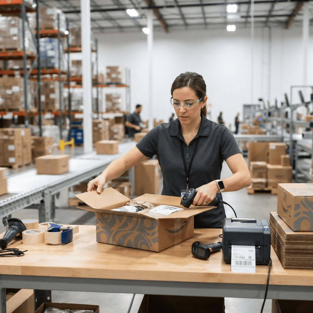 Packing and dispatch line in an e-commerce fulfillment warehouse